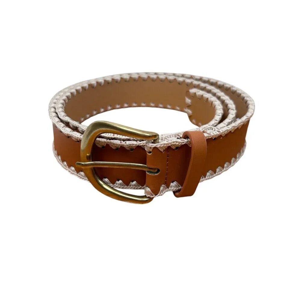 Vegan Leather Stitched Belt Boho Western Festival